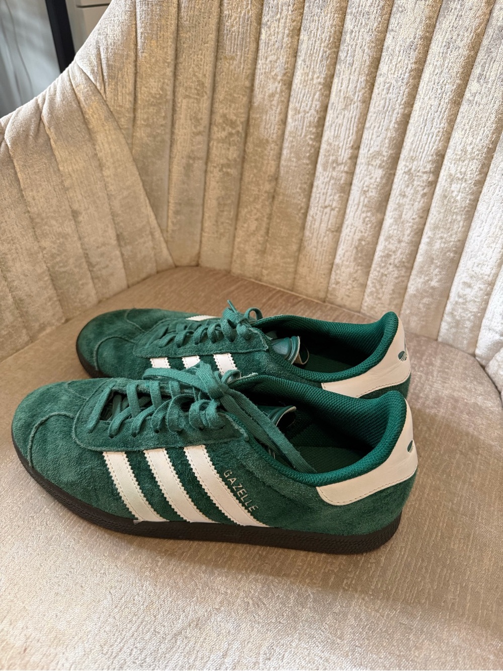 Adidas’s Gazelle Green Suede Sneakers with White Stripes
